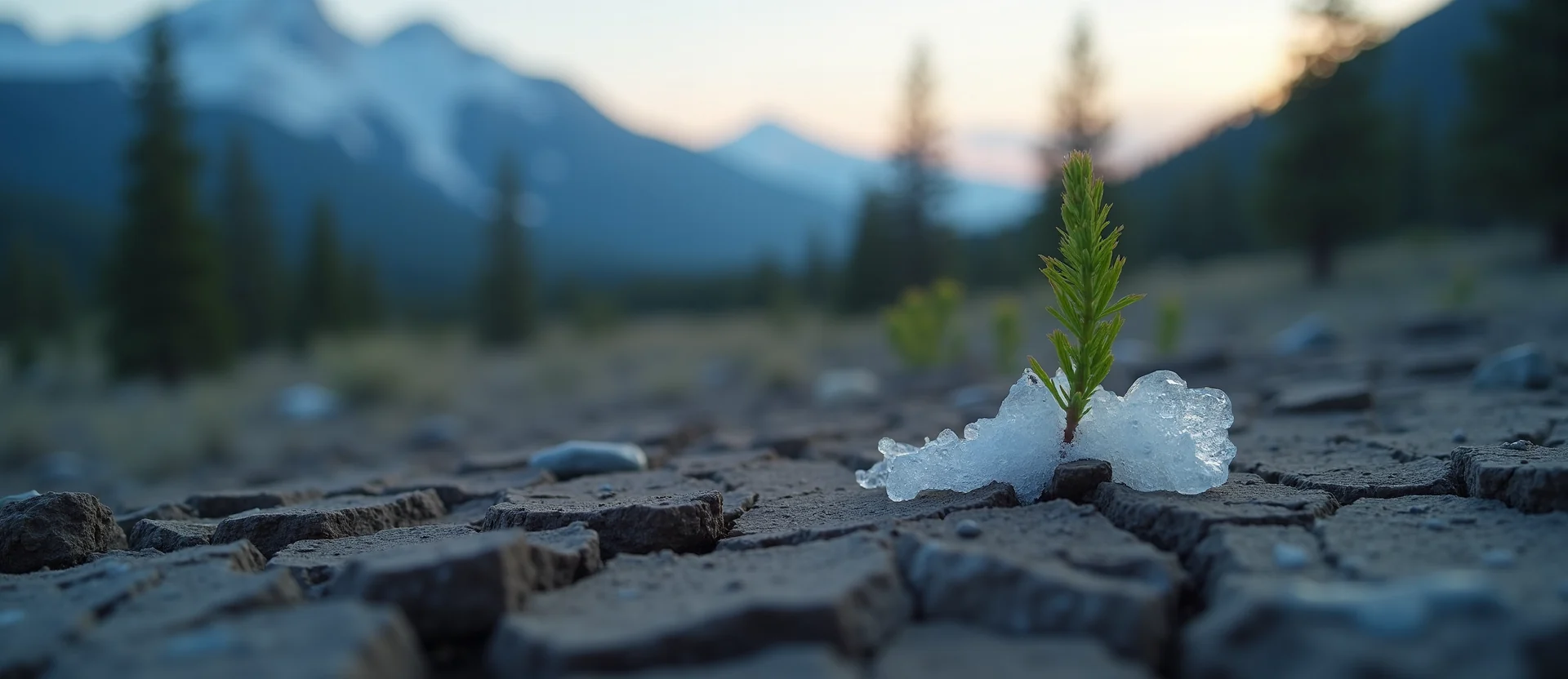 Symbolizing Seed/New Beginning: A local Ponderosa Pine shoot emerging from cracked soil. - AI Generated