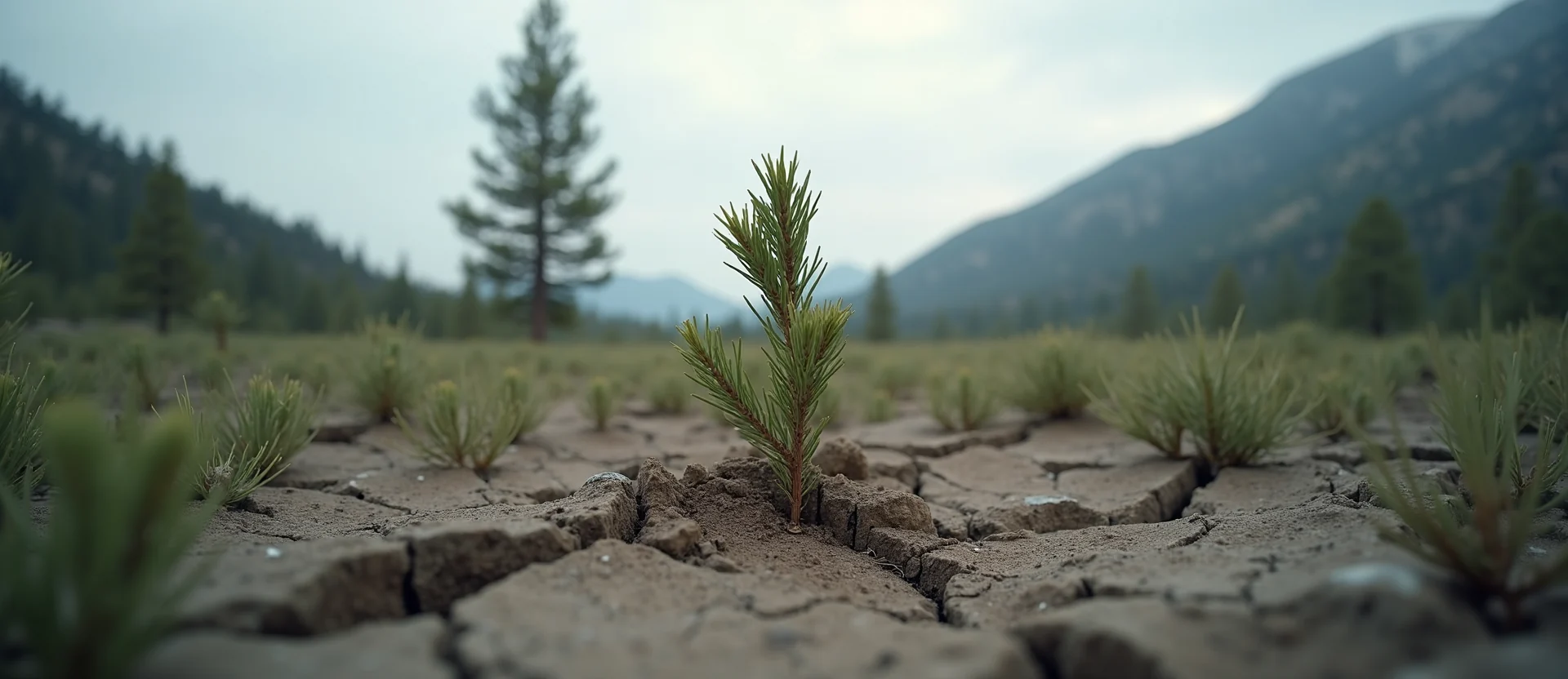 Symbolizing Seed/New Beginning: A local Sagebrush (Artemisia tridentata) shoot emerging from cracked soil. - AI Generated