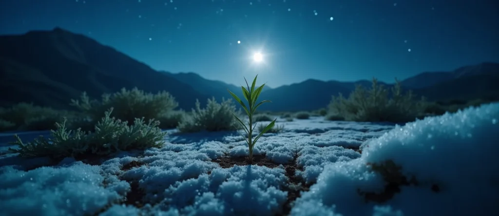 Symbolizing Seed/New Beginning: A local Desert Peach shoot emerging from cracked soil. - AI Generated