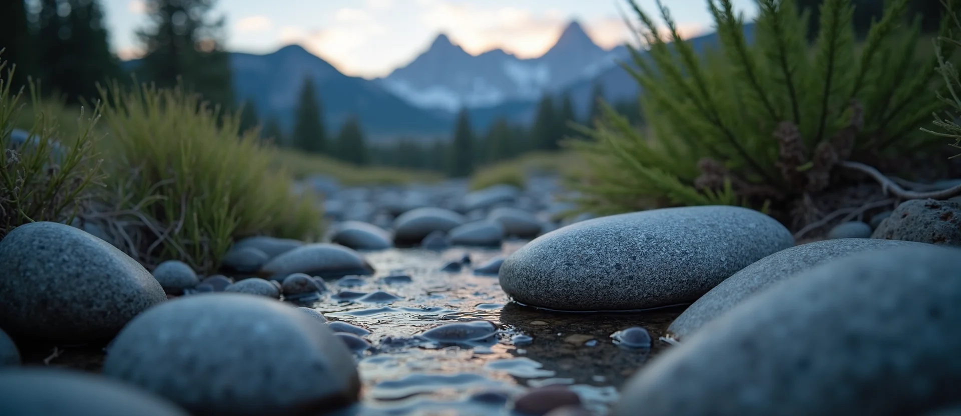 Symbolizing Flow/Cleansing: A local Rabbitbrush smooth Truckee river stones. - AI Generated
