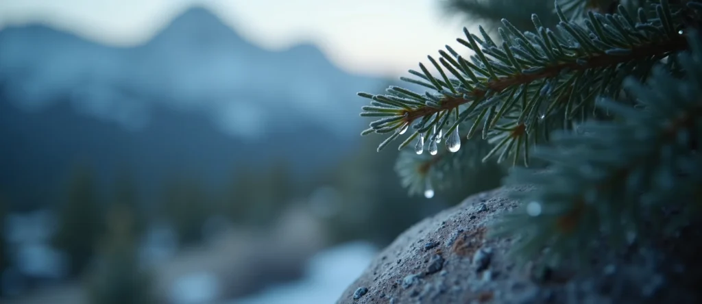 Symbolizing Flow/Cleansing: A local Sierra Juniper raindrops on desert leaves. - AI Generated