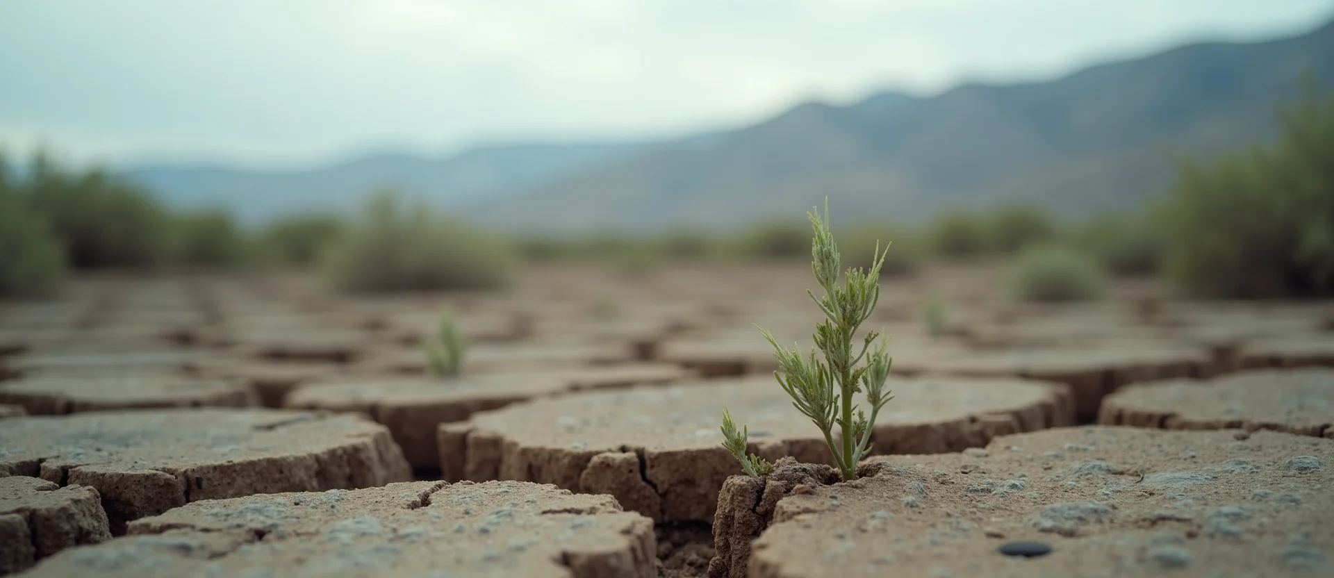 Symbolizing Seed/New Beginning: A local Mountain Mahogany shoot emerging from cracked soil. - AI Generated