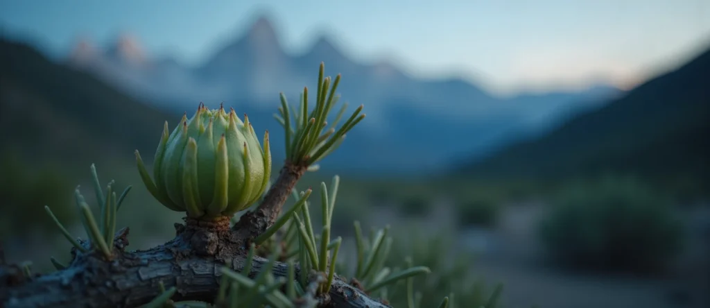 Symbolizing Seed/New Beginning: A local Manzanita new green bud on a branch. - AI Generated