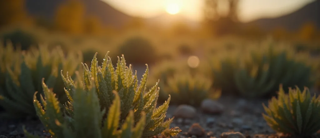 Symbolizing Flow/Cleansing: A local Bitterbrush raindrops on desert leaves. - AI Generated