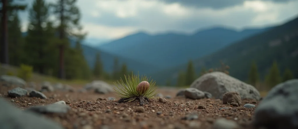 Symbolizing Seed/New Beginning: A local Mountain Mahogany single pine seed on dry earth. - AI Generated