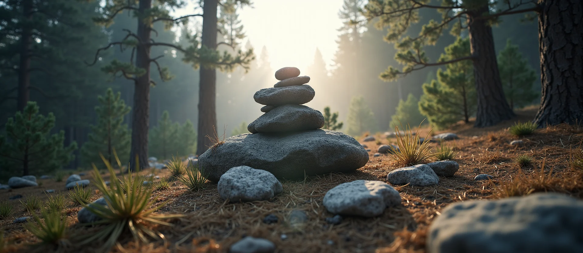 Symbolizing Stability/Peak: A local Sierra Juniper ancient rock cairn. - AI Generated