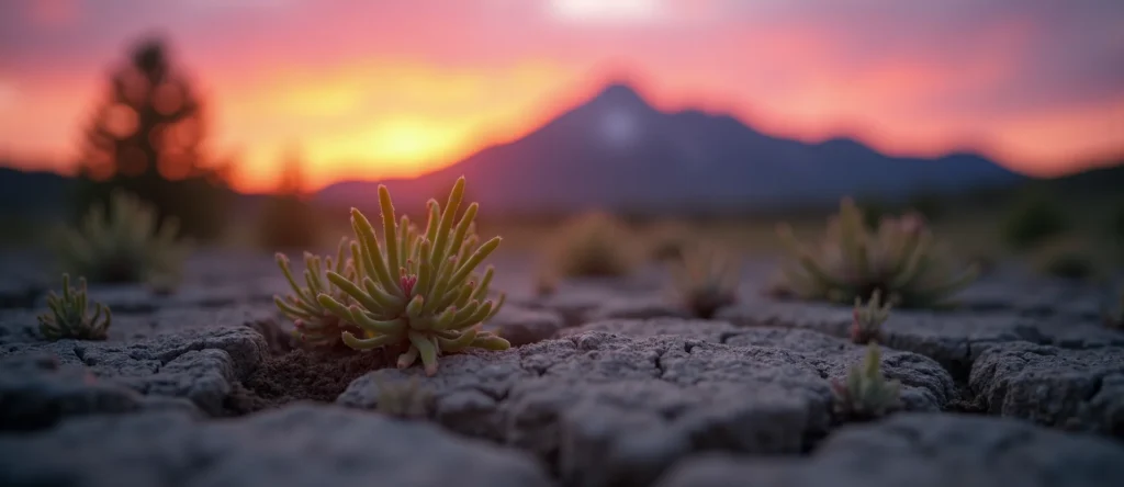 Symbolizing Seed/New Beginning: A local Indian Paintbrush shoot emerging from cracked soil. - AI Generated