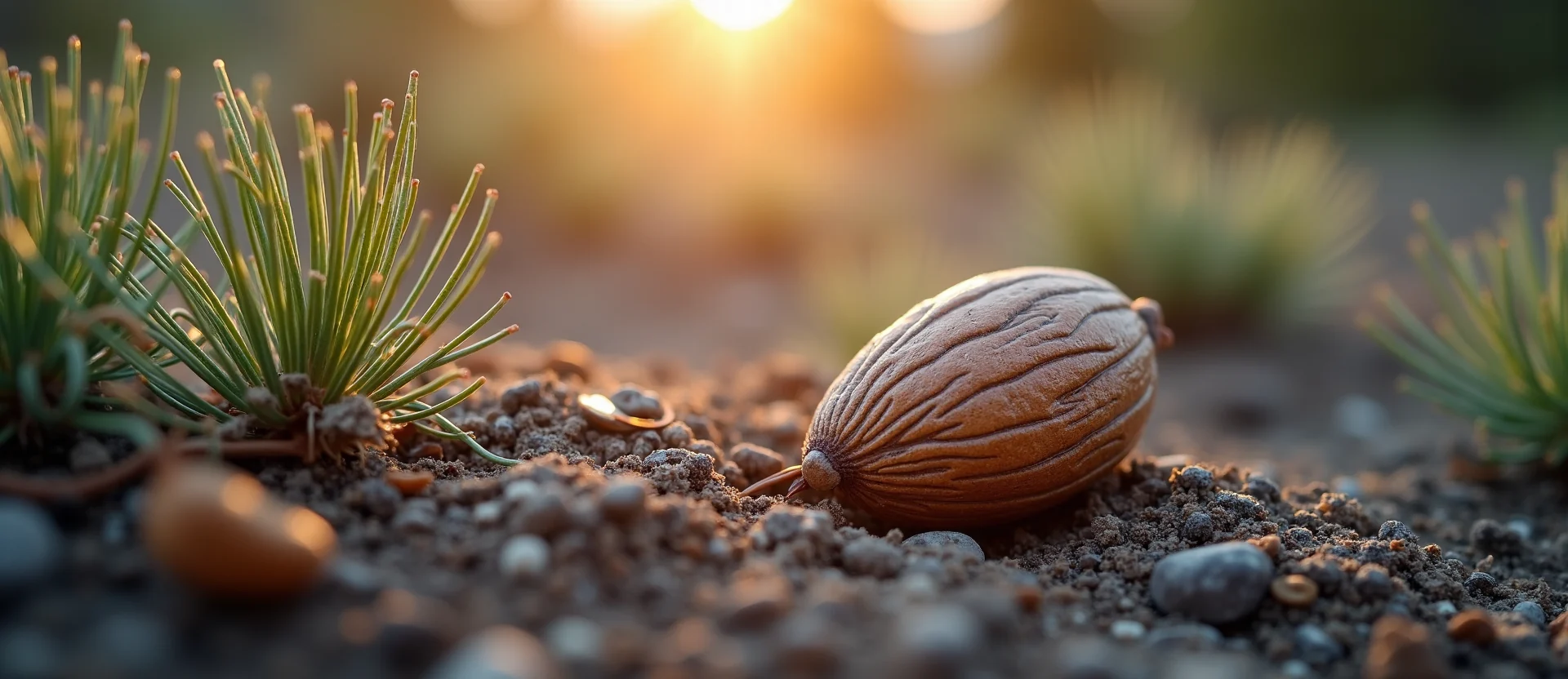 Symbolizing Seed/New Beginning: A local Sagebrush (Artemisia tridentata) single pine seed on dry earth. - AI Generated