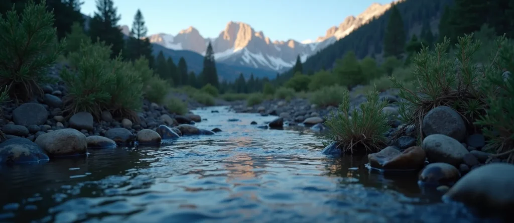 Symbolizing Flow/Cleansing: A local Desert Peach clear cold snowmelt stream. - AI Generated
