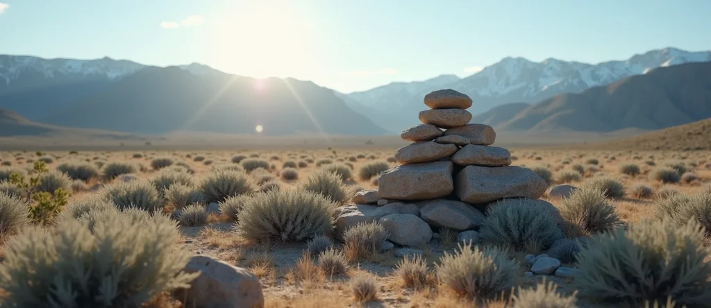 Symbolizing Stability/Peak: A local Sagebrush (Artemisia tridentata) ancient rock cairn. - AI Generated