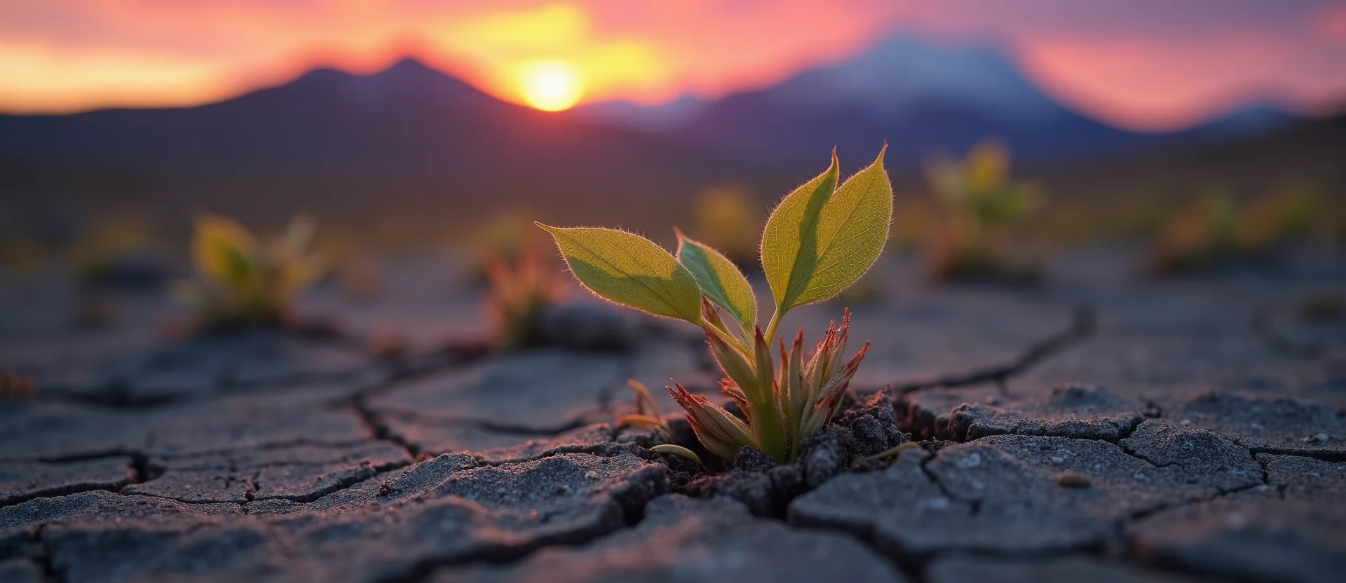 Symbolizing Seed/New Beginning: A local Bitterbrush shoot emerging from cracked soil. - AI Generated