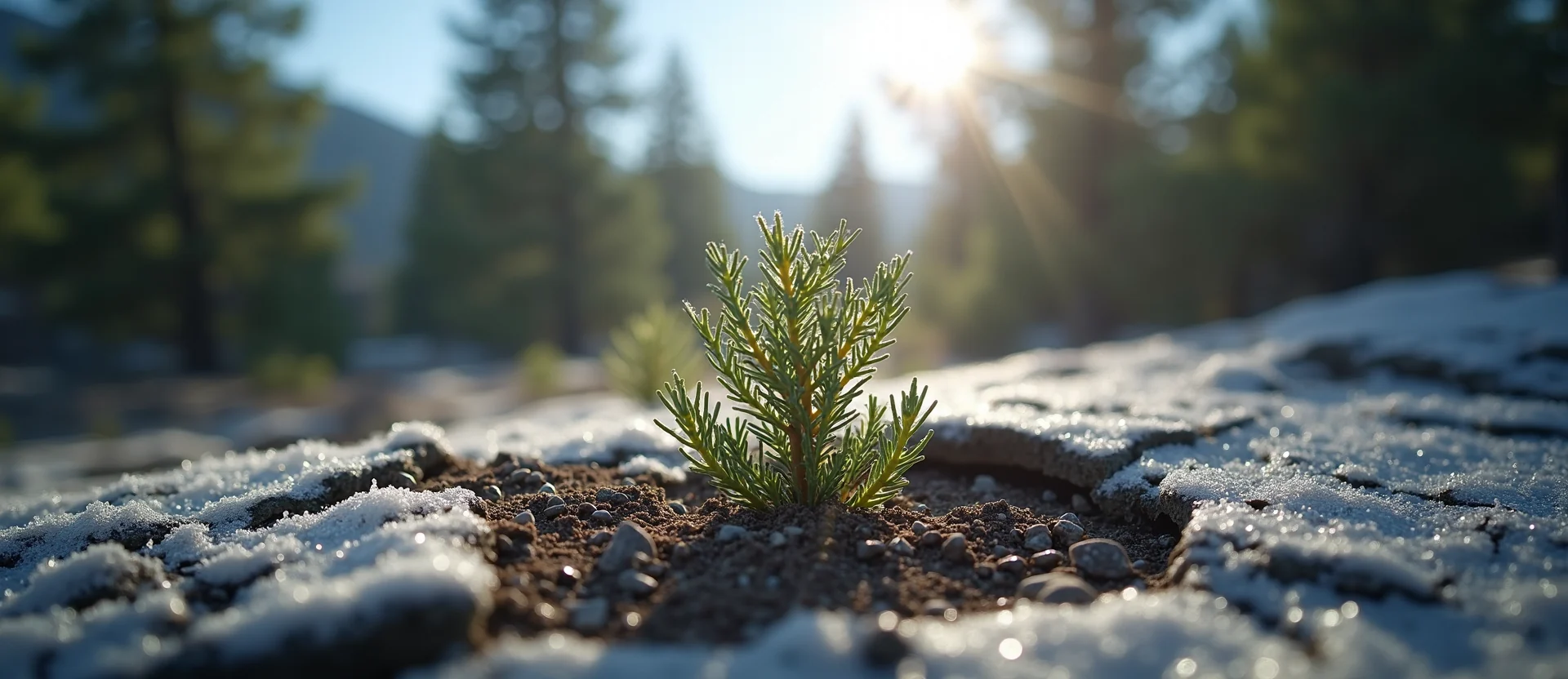 Symbolizing Seed/New Beginning: A local Sierra Juniper shoot emerging from cracked soil. - AI Generated