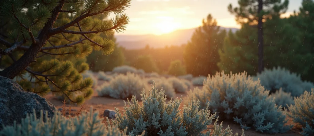 Symbolizing Flow/Cleansing: A local Bitterbrush raindrops on desert leaves. - AI Generated