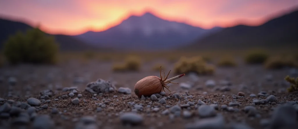 Symbolizing Seed/New Beginning: A local Mountain Mahogany single pine seed on dry earth. - AI Generated