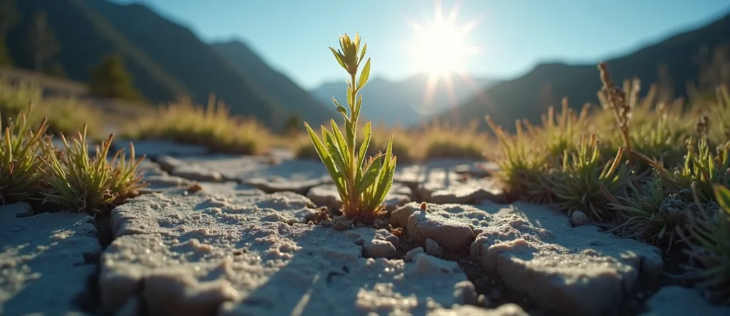 Symbolizing Seed/New Beginning: A local Indian Paintbrush shoot emerging from cracked soil. - AI Generated