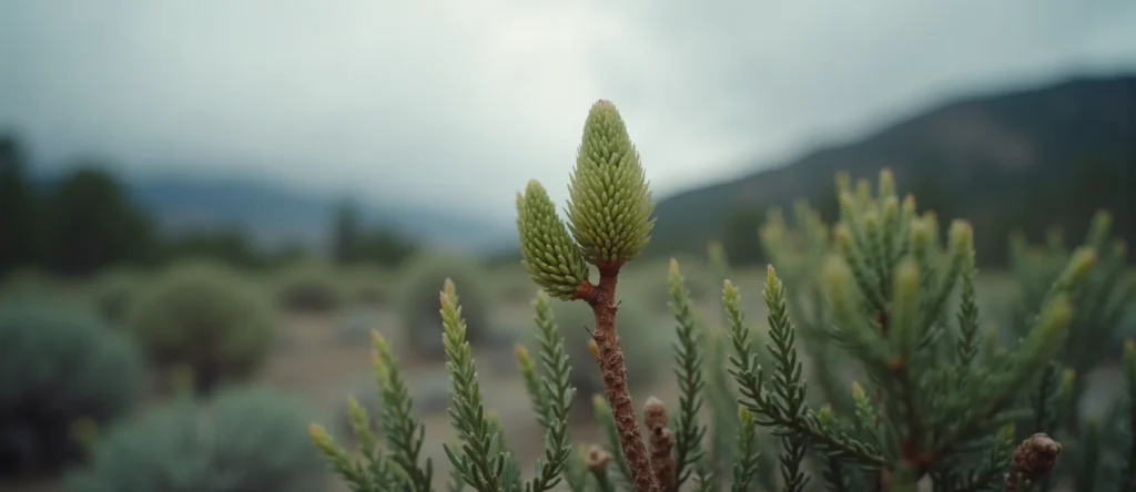 Symbolizing Seed/New Beginning: A local Sagebrush (Artemisia tridentata) new green bud on a branch. - AI Generated