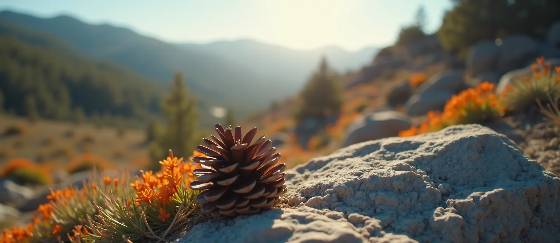 Symbolizing Seed/New Beginning: A local Indian Paintbrush opening pine cone. - AI Generated