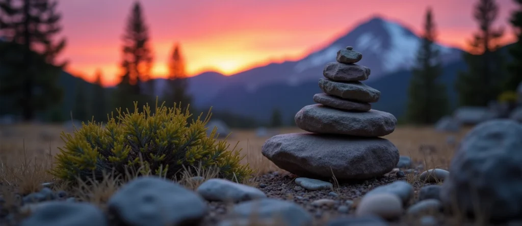 Symbolizing Stability/Peak: A local Quaking Aspen ancient rock cairn. - AI Generated
