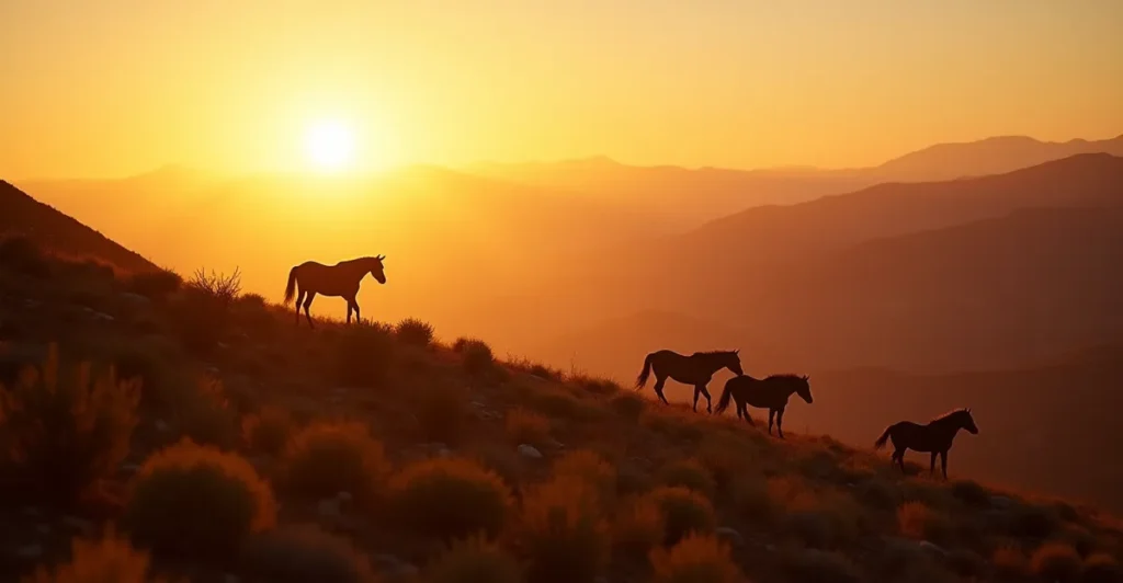 Wild mustang silhouettes on Virginia Range ridges at sunset symbolizing the journey of addiction recovery in Reno.