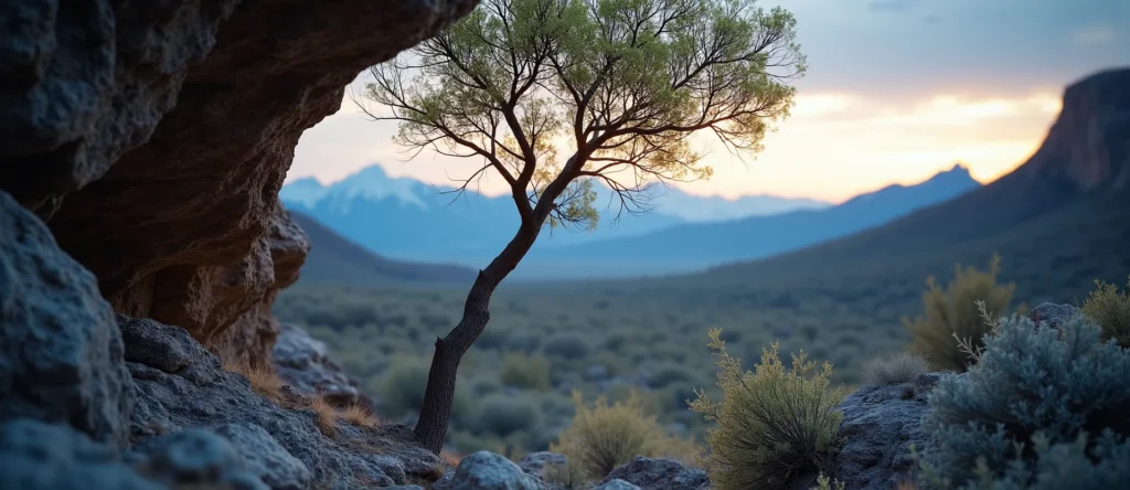 Symbolizing Growth/Resilience: A local Rabbitbrush tree growing out of a rock cleft. - AI Generated