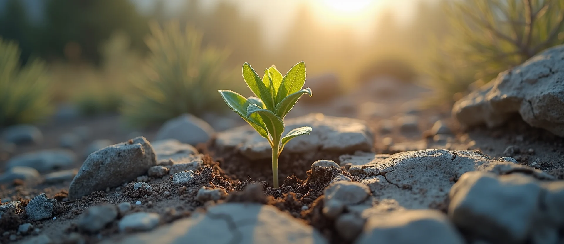 Symbolizing Seed/New Beginning: A local Desert Peach shoot emerging from cracked soil. - AI Generated
