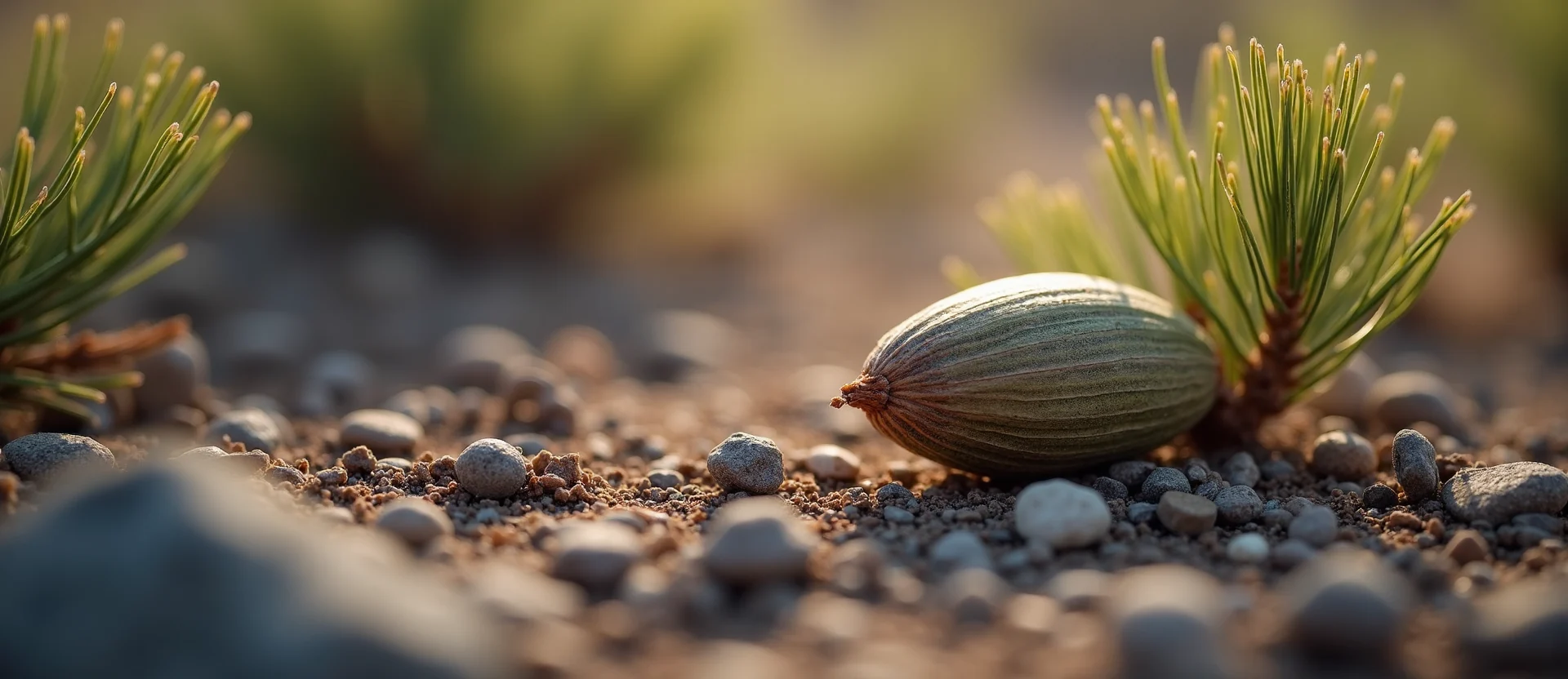 Symbolizing Seed/New Beginning: A local Bitterbrush single pine seed on dry earth. - AI Generated