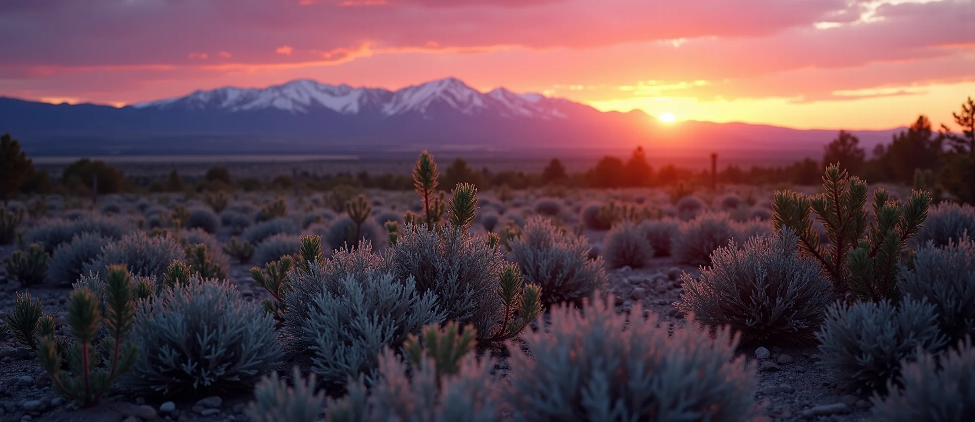 Symbolizing Stability/Peak: A local Sagebrush (Artemisia tridentata) distant Sierra horizon. - AI Generated