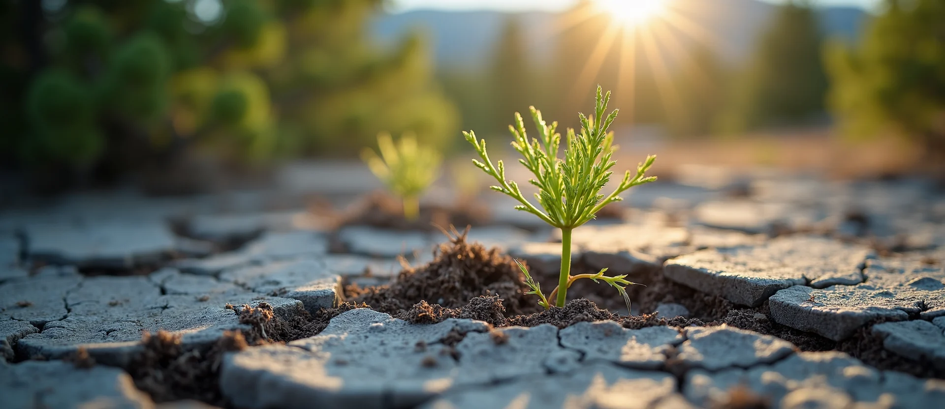 Symbolizing Seed/New Beginning: A local Ponderosa Pine shoot emerging from cracked soil. - AI Generated