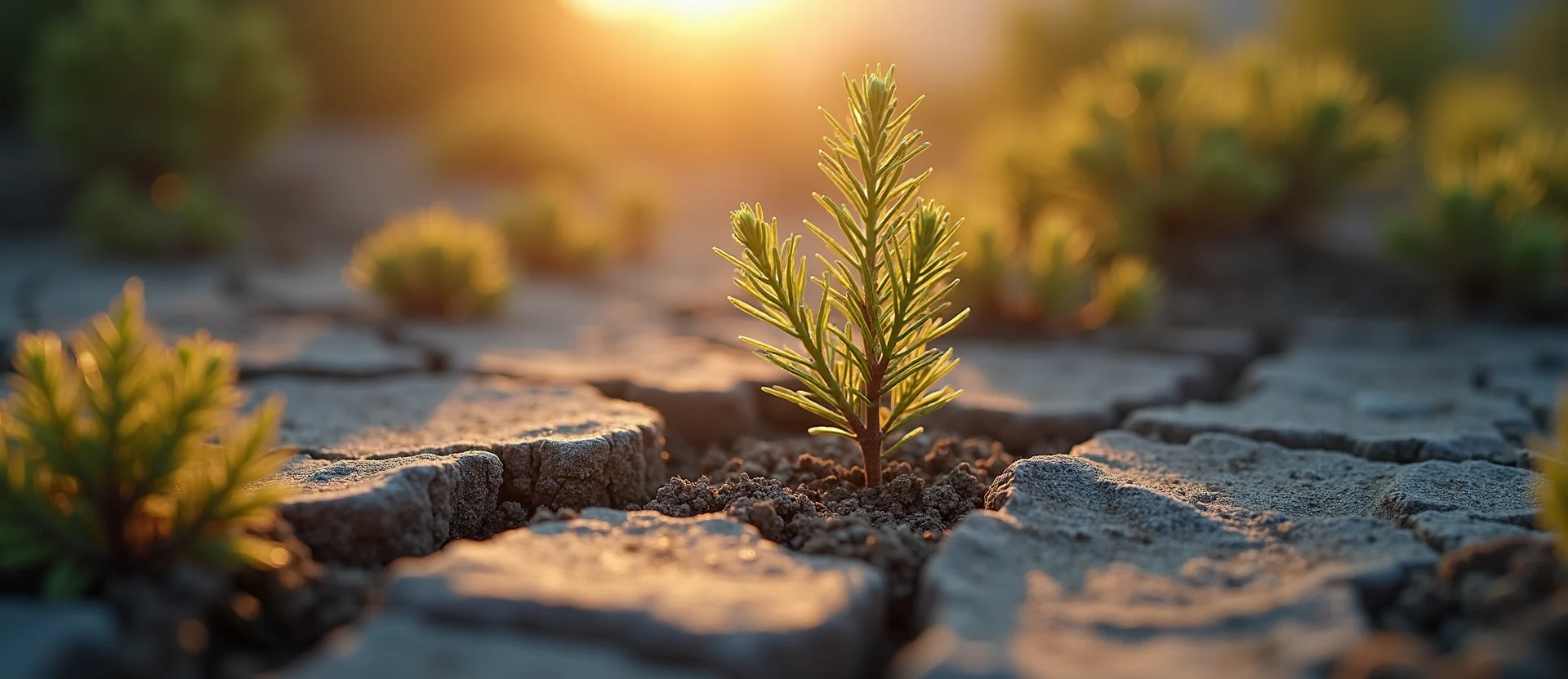 Symbolizing Seed/New Beginning: A local Manzanita shoot emerging from cracked soil. - AI Generated
