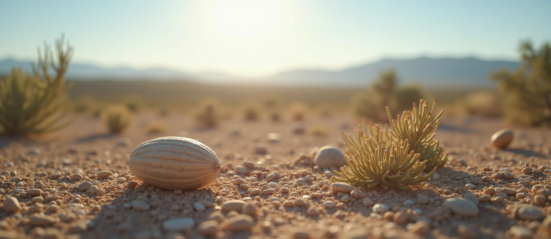 Symbolizing Seed/New Beginning: A local Desert Peach single pine seed on dry earth. - AI Generated