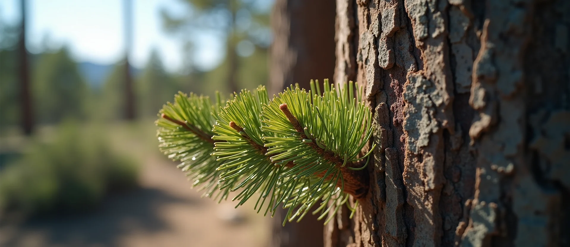 Symbolizing Growth/Resilience: A local Ponderosa Pine new branch reaching for the sky. - AI Generated