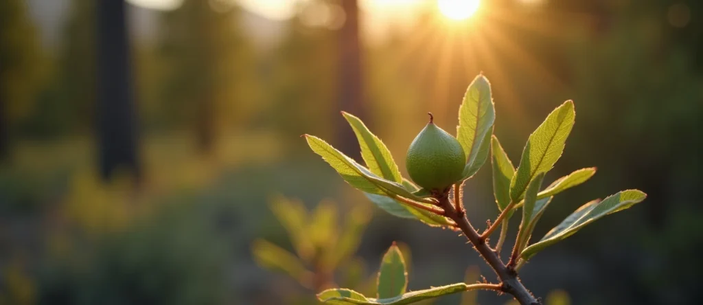 Symbolizing Seed/New Beginning: A local Sierra Juniper new green bud on a branch. - AI Generated