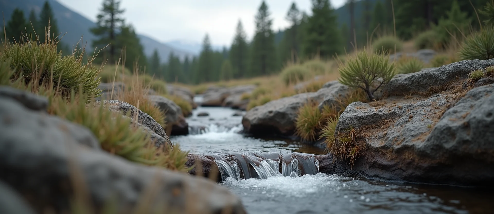 Symbolizing Flow/Cleansing: A local Rabbitbrush hidden small waterfall. - AI Generated