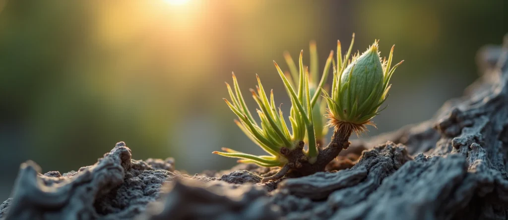 Symbolizing Seed/New Beginning: A local Rabbitbrush new green bud on a branch. - AI Generated
