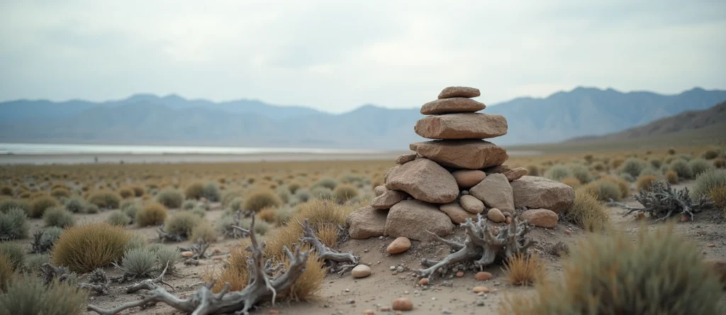 Symbolizing Stability/Peak: A local Desert Peach ancient rock cairn. - AI Generated