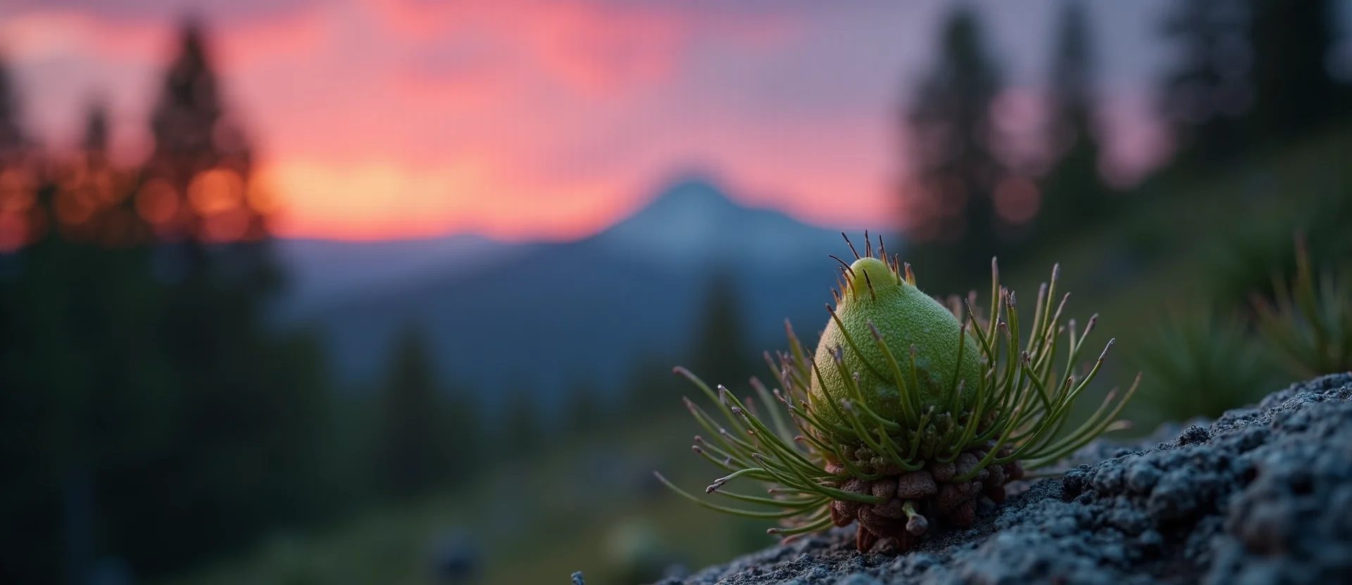 Symbolizing Seed/New Beginning: A local Ponderosa Pine new green bud on a branch. - AI Generated