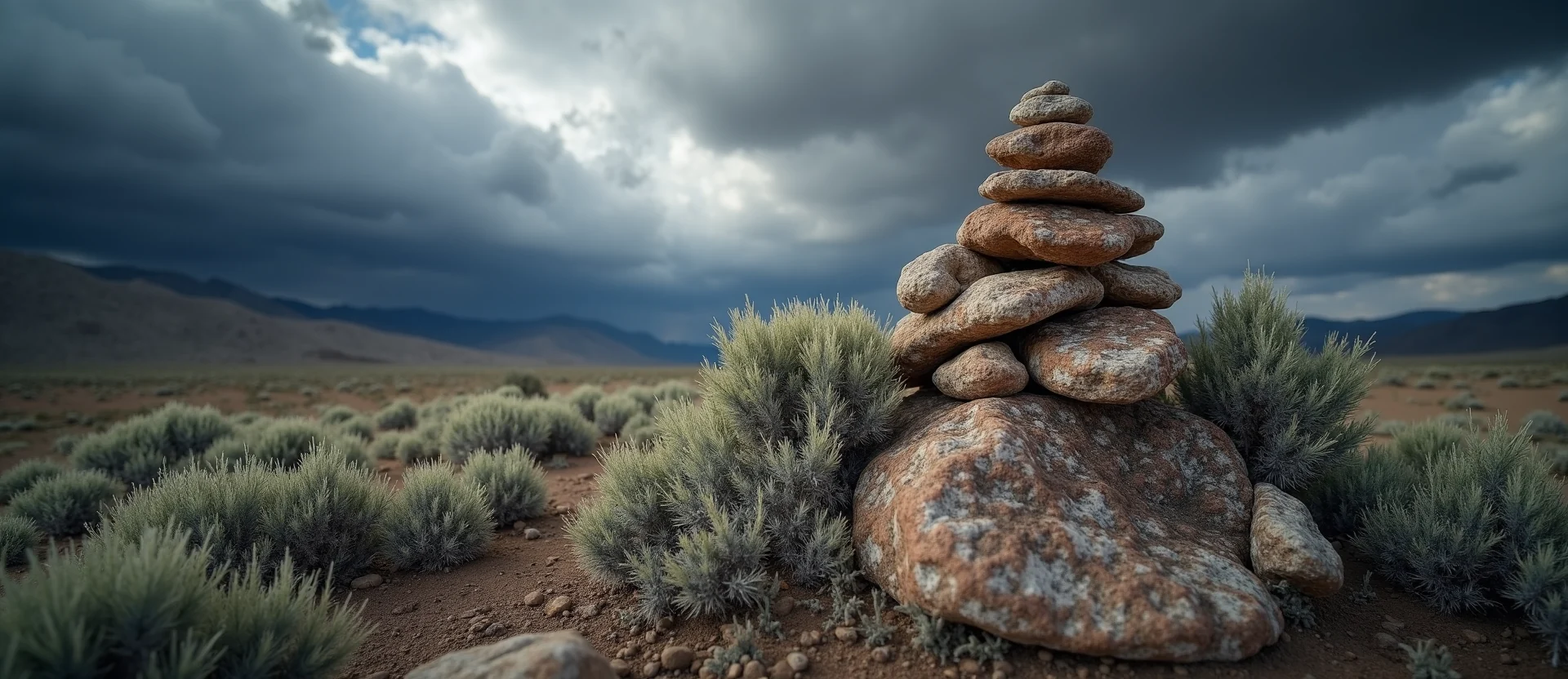 Symbolizing Stability/Peak: A local Rabbitbrush ancient rock cairn. - AI Generated