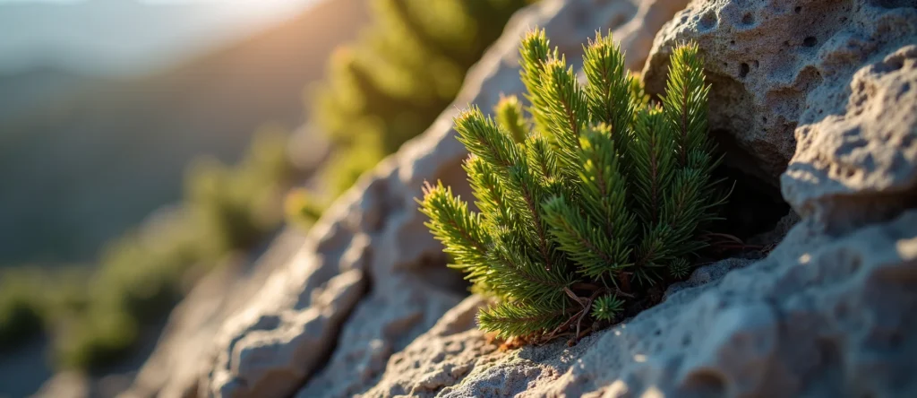 Symbolizing Growth/Resilience: A local Rabbitbrush tree growing out of a rock cleft. - AI Generated
