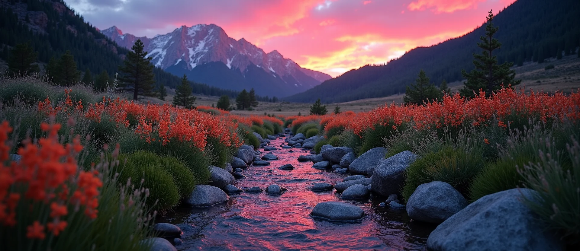 Symbolizing Flow/Cleansing: A local Indian Paintbrush babbling mountain creek. - AI Generated