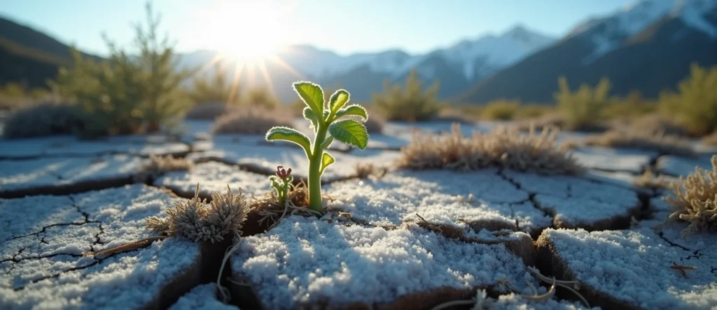 Symbolizing Seed/New Beginning: A local Manzanita shoot emerging from cracked soil. - AI Generated