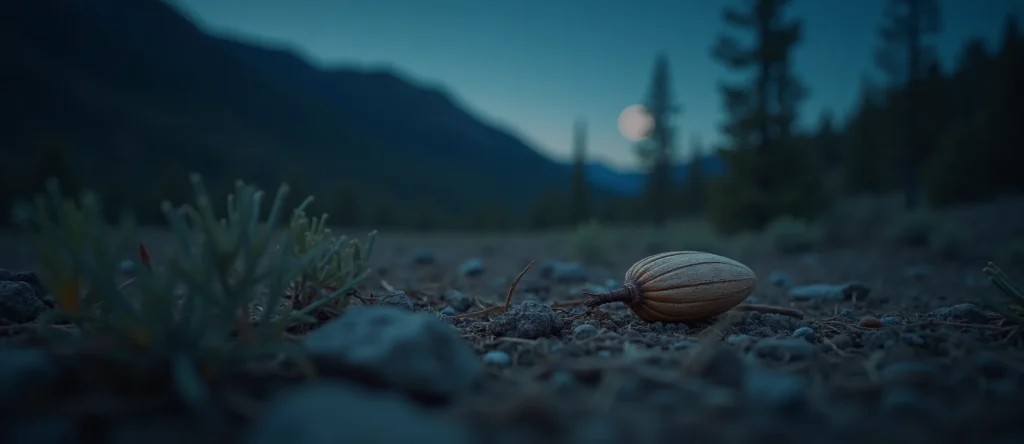 Symbolizing Seed/New Beginning: A local Quaking Aspen single pine seed on dry earth. - AI Generated