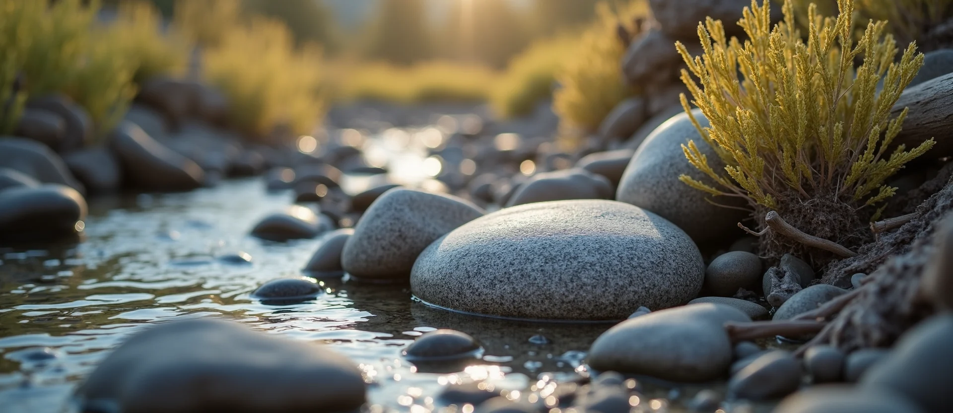 Symbolizing Flow/Cleansing: A local Rabbitbrush smooth Truckee river stones. - AI Generated