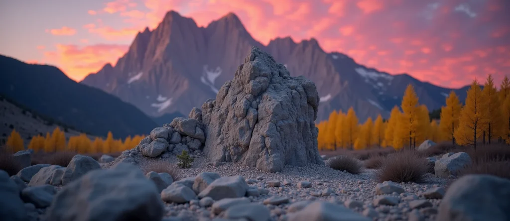 Symbolizing Stability/Peak: A local Quaking Aspen jagged granite peak. - AI Generated