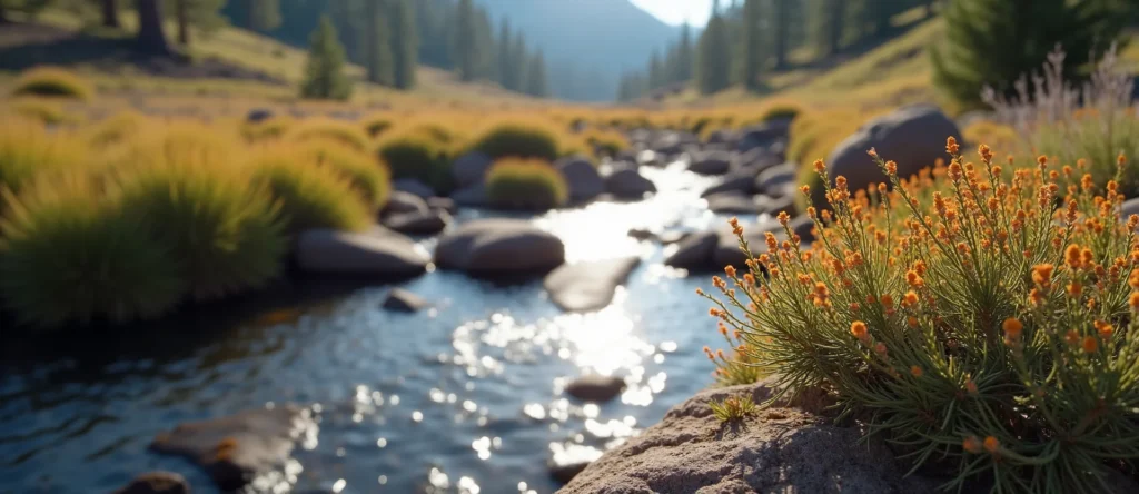 Symbolizing Flow/Cleansing: A local Indian Paintbrush babbling mountain creek. - AI Generated