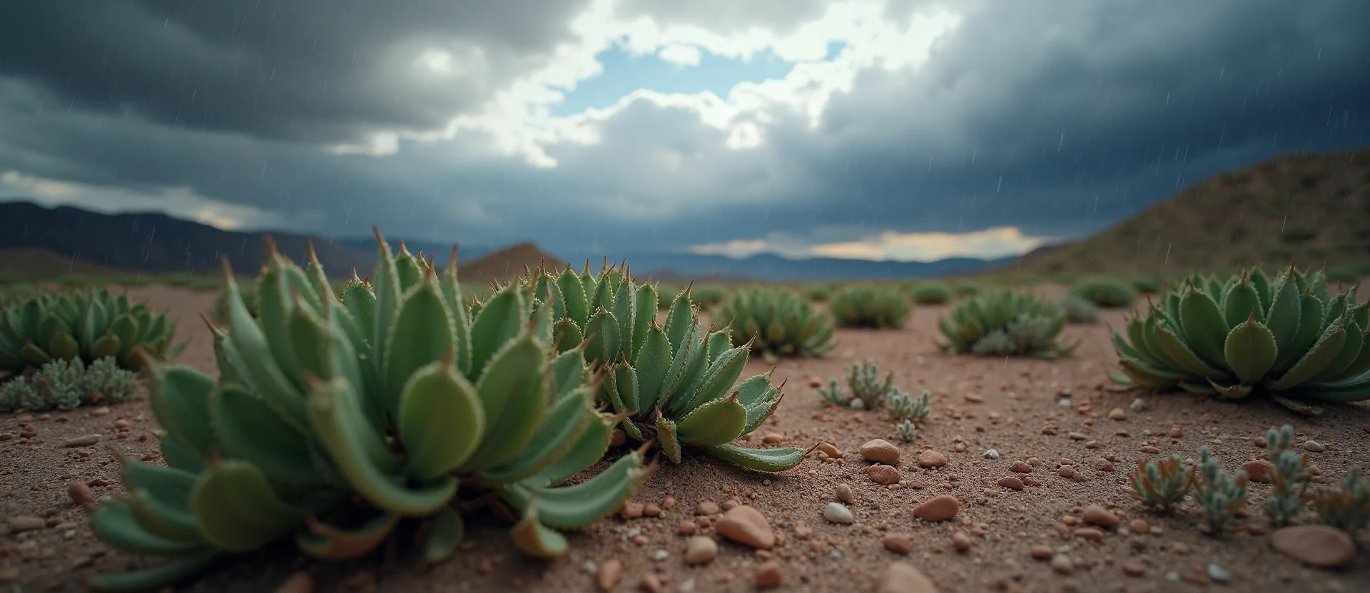 Symbolizing Flow/Cleansing: A local Desert Peach raindrops on desert leaves. - AI Generated