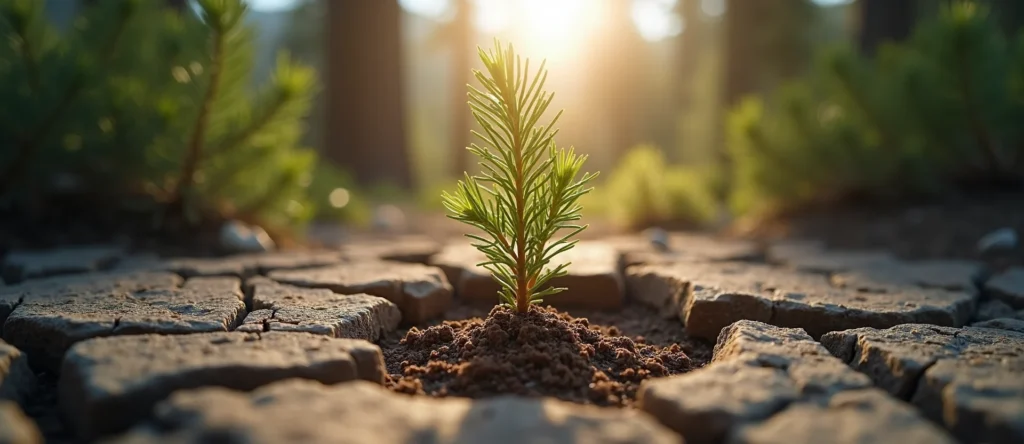 Symbolizing Seed/New Beginning: A local Mountain Mahogany shoot emerging from cracked soil. - AI Generated