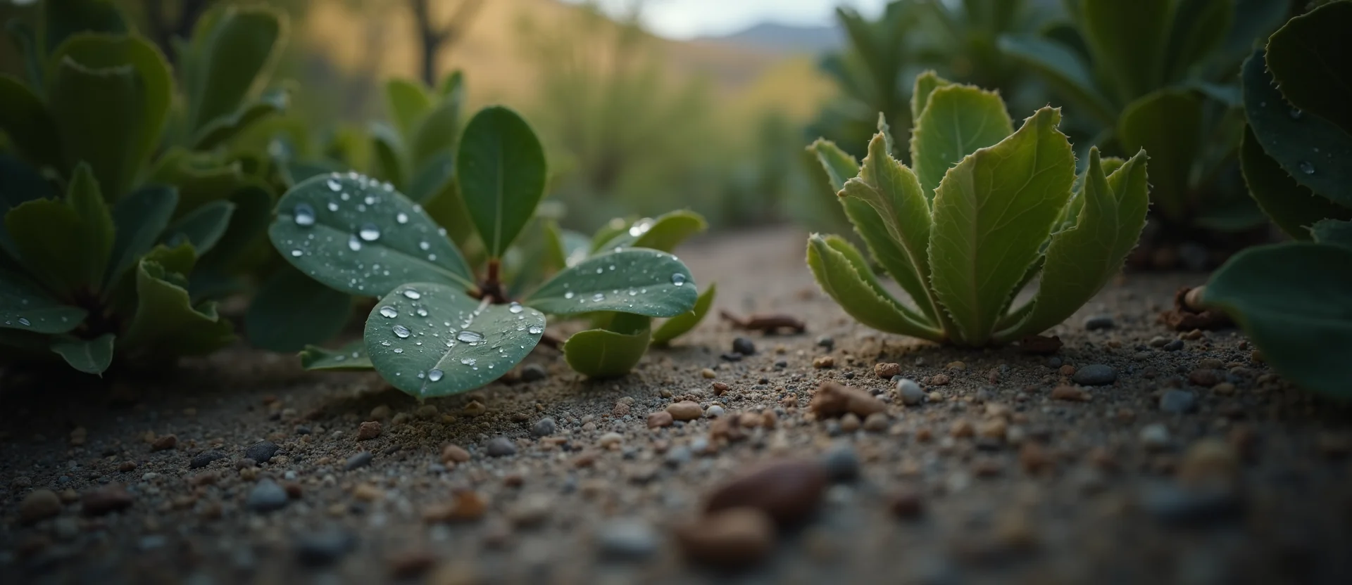 Symbolizing Flow/Cleansing: A local Mountain Mahogany raindrops on desert leaves. - AI Generated