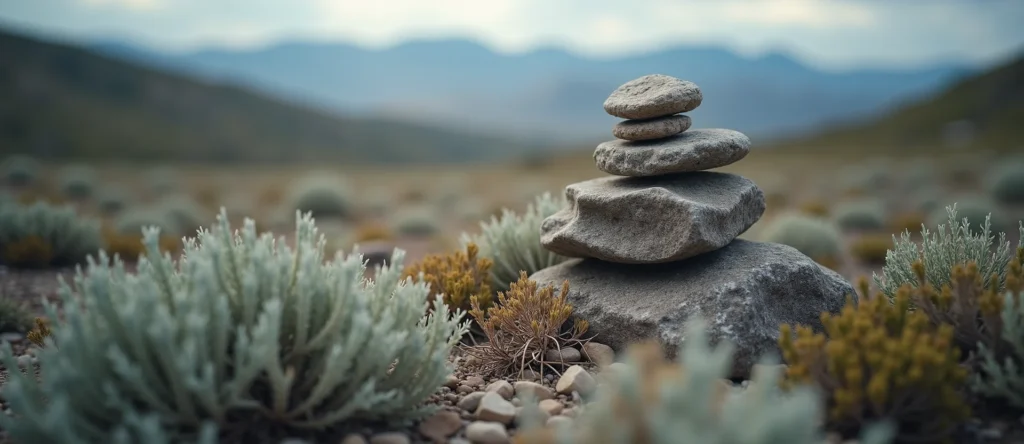 Symbolizing Stability/Peak: A local Manzanita ancient rock cairn. - AI Generated