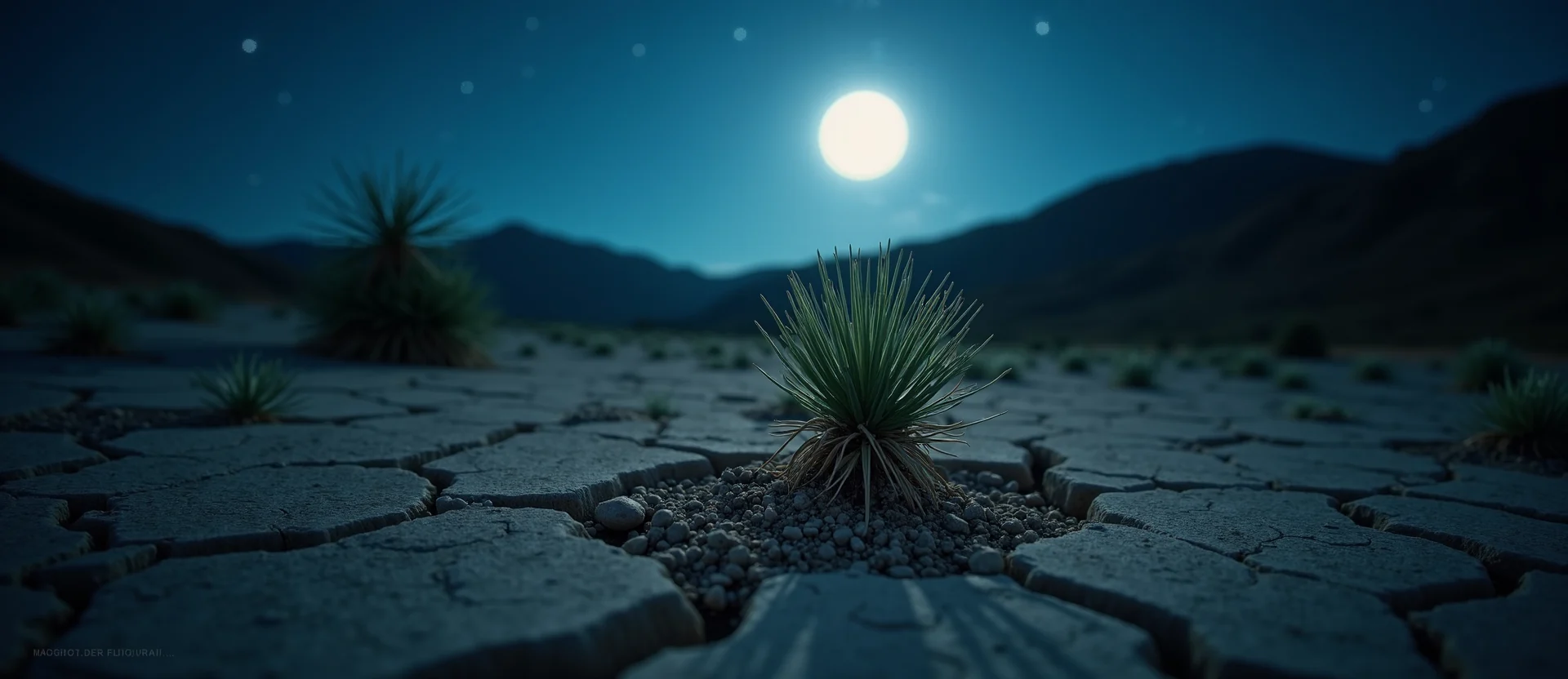 Symbolizing Seed/New Beginning: A local Bitterbrush shoot emerging from cracked soil. - AI Generated