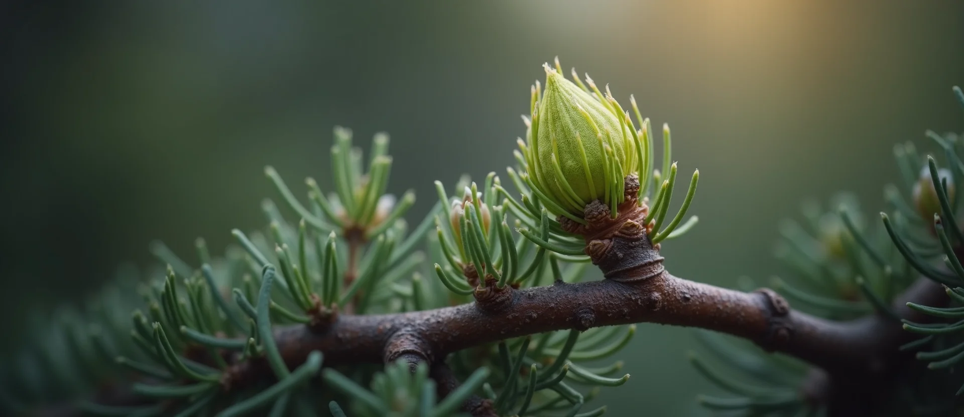 Symbolizing Seed/New Beginning: A local Sierra Juniper new green bud on a branch. - AI Generated